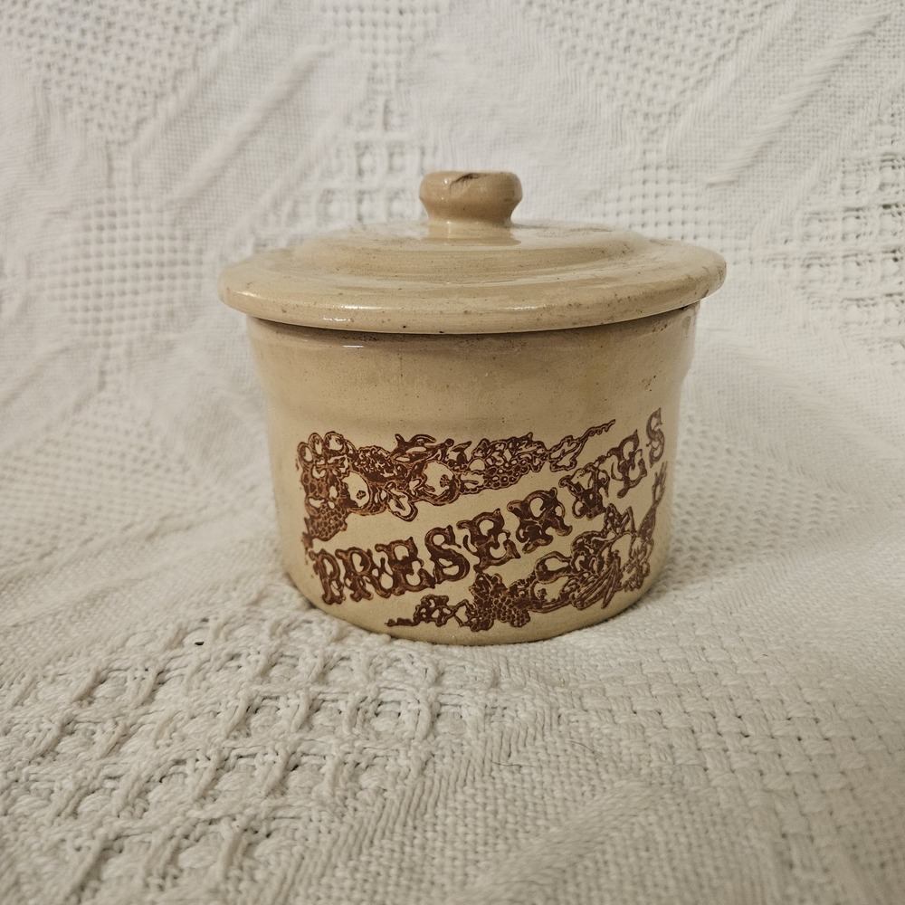 Vintage Preserves Glazed Stoneware Crock Lid Light Tan Color Brown Letters